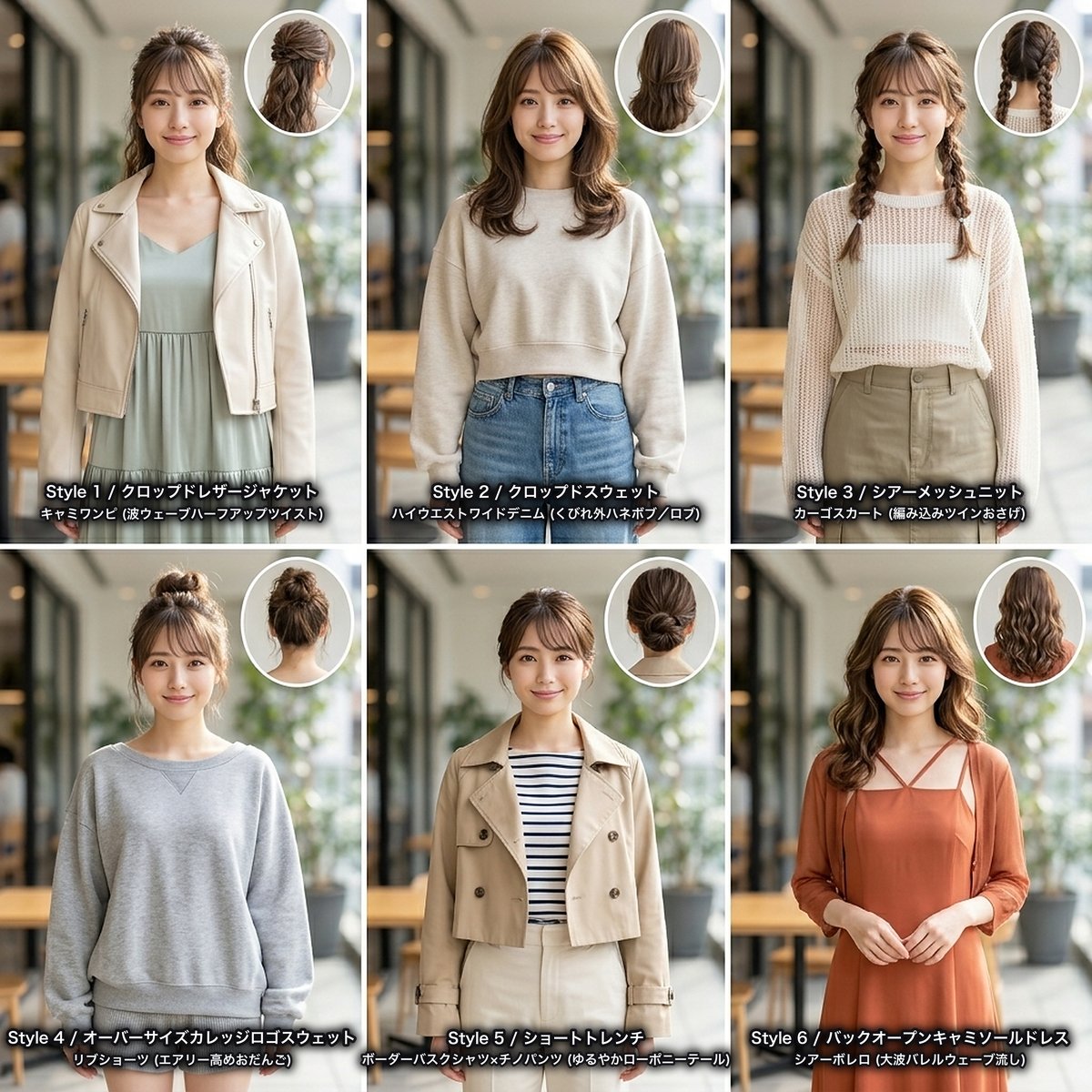 佐々木 澪(みお)の衣装&ヘアスタイル6変化(Lookbookシート)