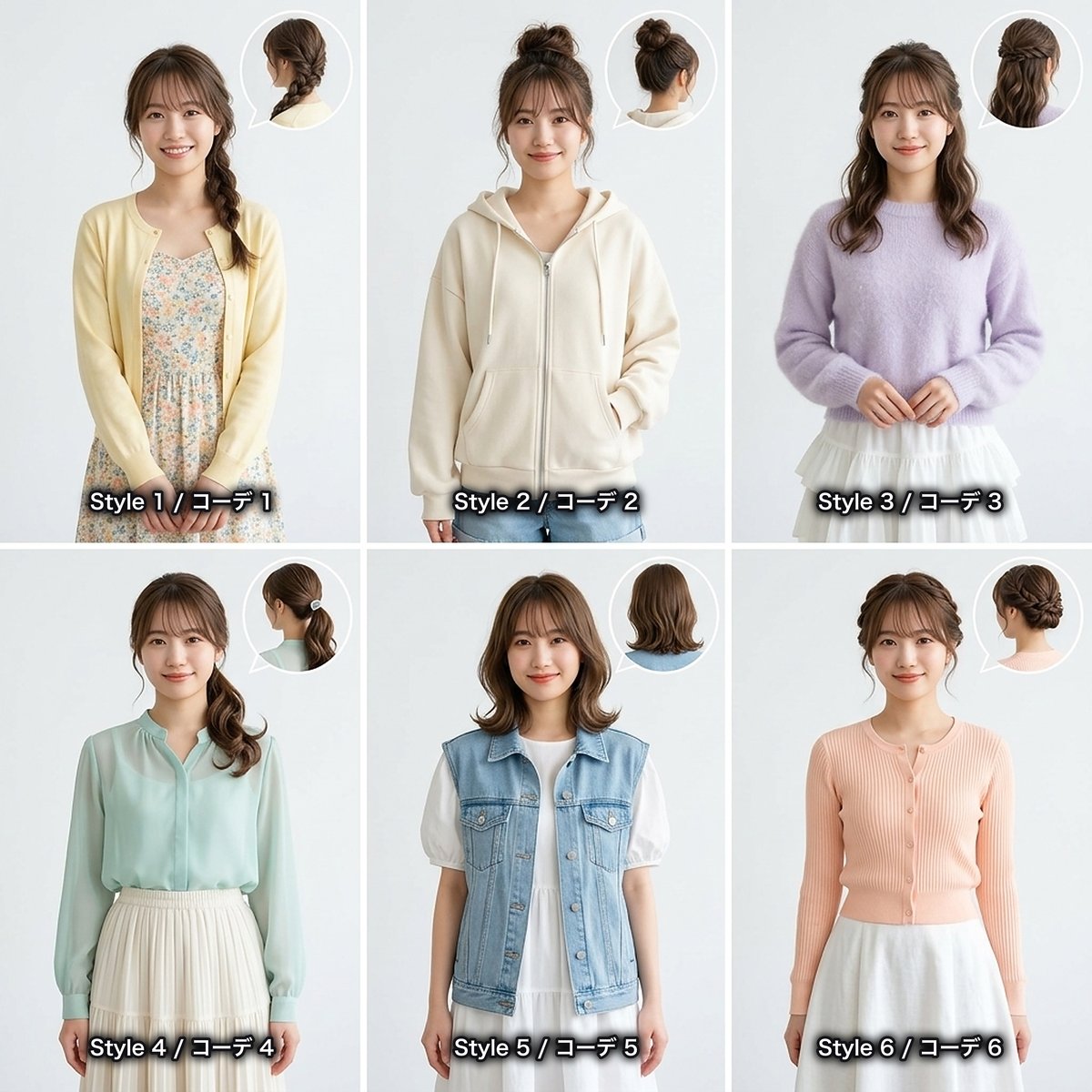あやかの衣装＆ヘアスタイル6変化（Lookbookシート）