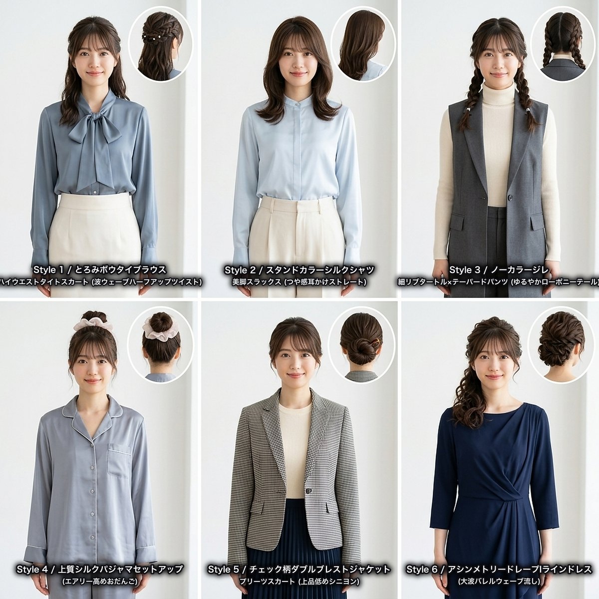 鷹司 冴佳（さえか）の衣装＆ヘアスタイル6変化（Lookbookシート）