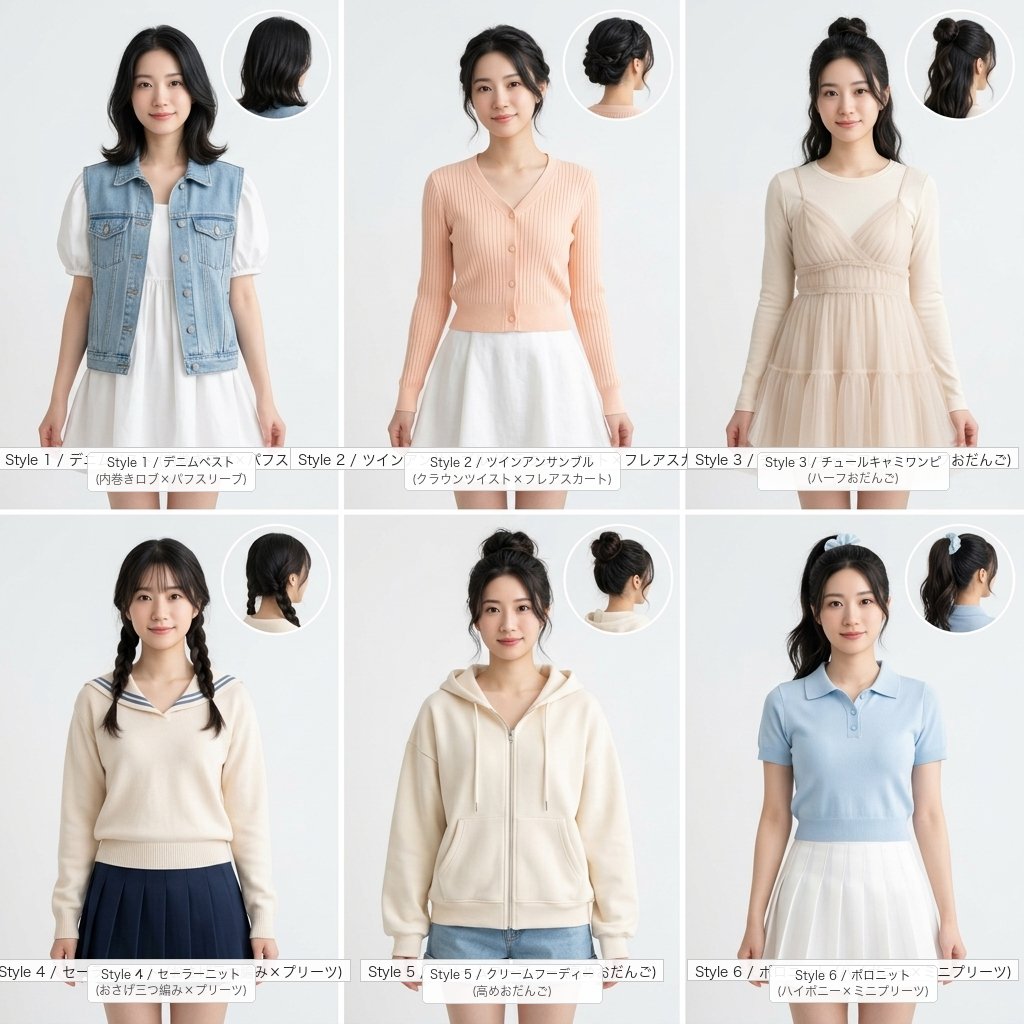 6つの衣装とヘアスタイルを着こなすSheet 3 Lookbook